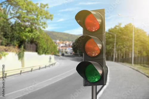 Papier peint Traffic lights on empty road. Signaling device