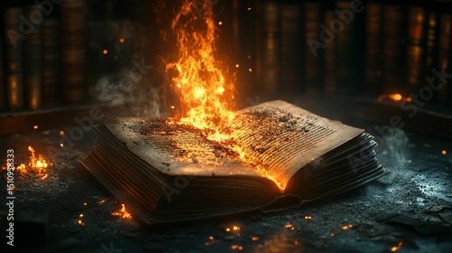 A burning open book amidst dark library shelves