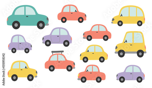 Flat cars. Cartoon vehicle side view. Taxi, minivan, mini car, suv and pickup truck. City auto transport icons. Automobile design vector set. City transportation objects isolated on white