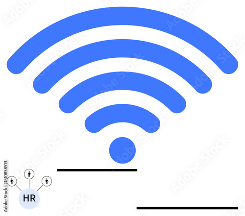 Large blue wireless icon atop a smaller node-based HR network diagram showcasing human-centric connections. Ideal for technology, communication, networking, HR systems, workforce connectivity
