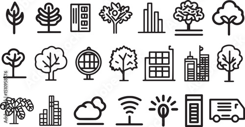 Green city icon set. Eco related line icons: environment, ecology, green energy, zero waste, CO2 neutral, air, water quality, nature and more. Editable stroke. Vector illustration