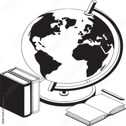 Illustration of a globe with books and an open notebook on a white background