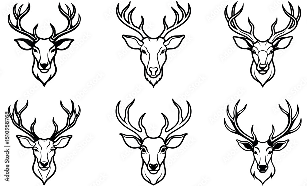 Obraz premium Elk Head Silhouette Outline Icon Set