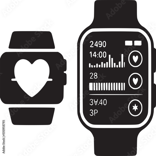 Two smartwatches displaying health data including heart rate and metrics shown