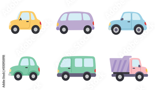 Flat cars. Cartoon vehicle side view. Taxi, minivan, mini car, suv and pickup truck. City auto transport icons. Automobile design vector set. City transportation objects isolated on white