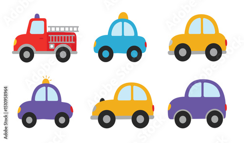 Flat cars. Cartoon vehicle side view. Taxi, minivan, mini car, suv and pickup truck. City auto transport icons. Automobile design vector set. City transportation objects isolated on white