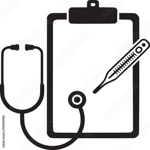 Clipboard with stethoscope and thermometer in black and white illustration