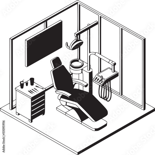 Isometric view of a dentist office with chair and equipment in black and white