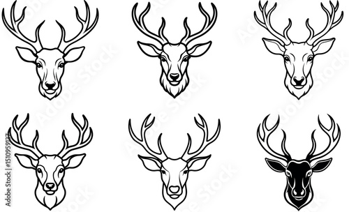 Elk Head Silhouette Outline Icon Set