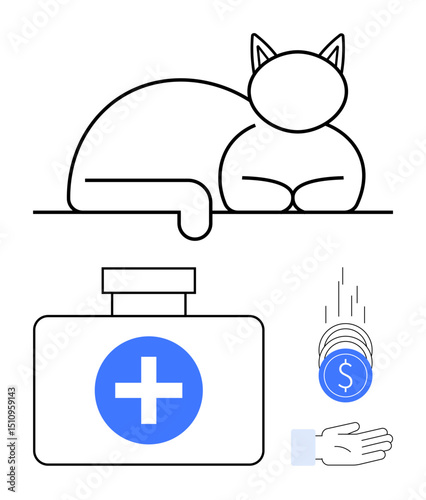 Cat lying relaxed above a pet first aid box with a cross, next to a hand receiving falling coins. Ideal for veterinary care, pet health, charity, saving, financial support, animal welfare, simple