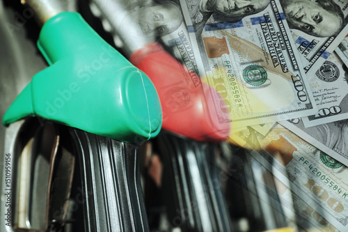 Fuel price. Gas filling station and dollar banknotes, double exposure