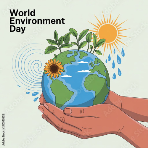  World Environment Day. Ecology, sustainable nature, planet conversation concept. Hands human holding earth planet with growth plant sun and rain around taking care vector illustration on white