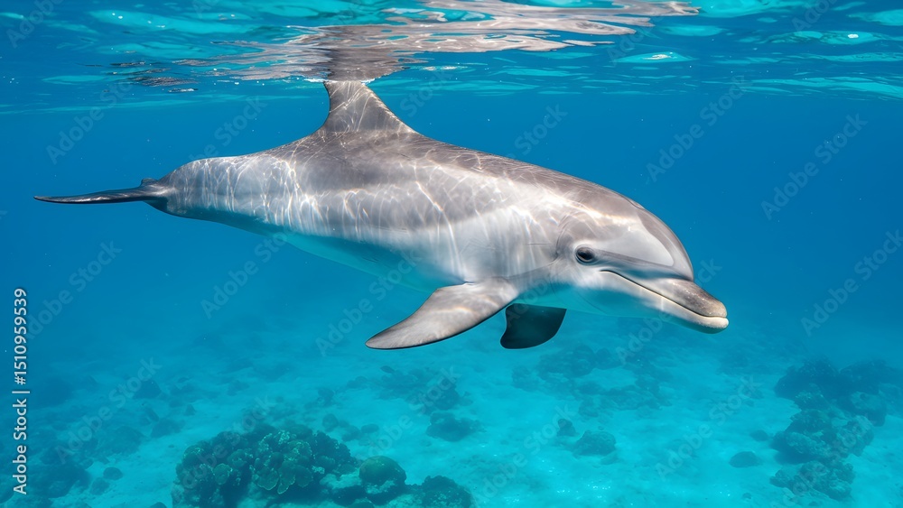 Naklejka premium A high-quality image of a Bottlenose Dolphin (Tursiops truncatus) swimming gracefully in the clear blue ocean