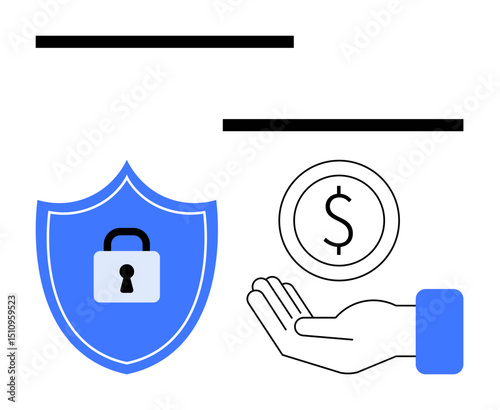 Shield with lock, hand holding a coin symbolizing financial security, safety, and trust. Ideal for finance, banking, security, savings, digital protection insurance simple landing page