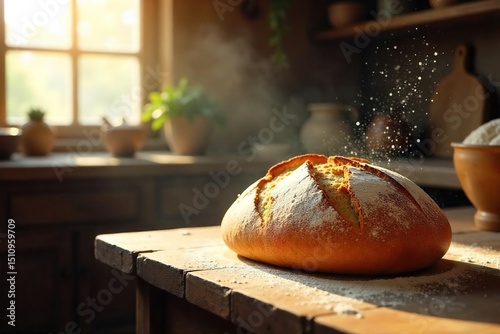 Rich, warm aroma of freshly baked bread fills a rustic kitchen, sunlight streaming through the window, highlighting flour dust motes dancing in the air , room, old