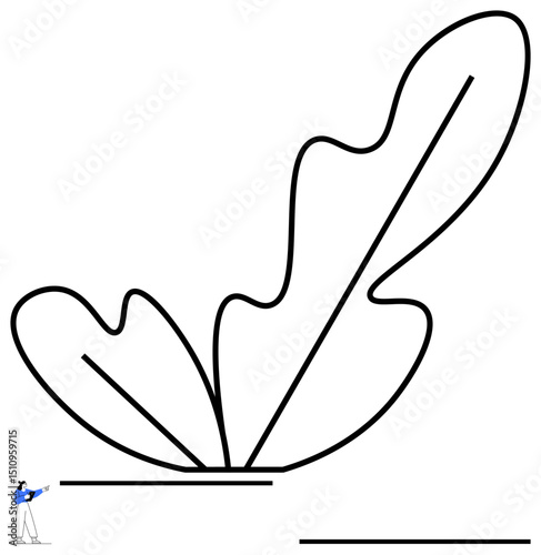 Large abstract line drawing shaped thumbs up a leaf being observed by a person holding a megaphone. Ideal for creativity, nature, minimalism, artistic expression, mindfulness, scale, flat simple