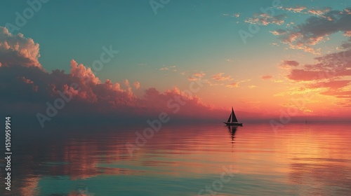   A sailboat glides through calm water as cloudy skies fill the backdrop