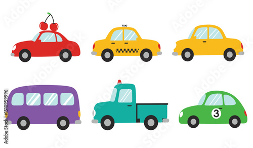 Flat cars. Cartoon vehicle side view. Taxi, minivan, mini car, suv and pickup truck. City auto transport icons. Automobile design vector set. City transportation objects isolated on white