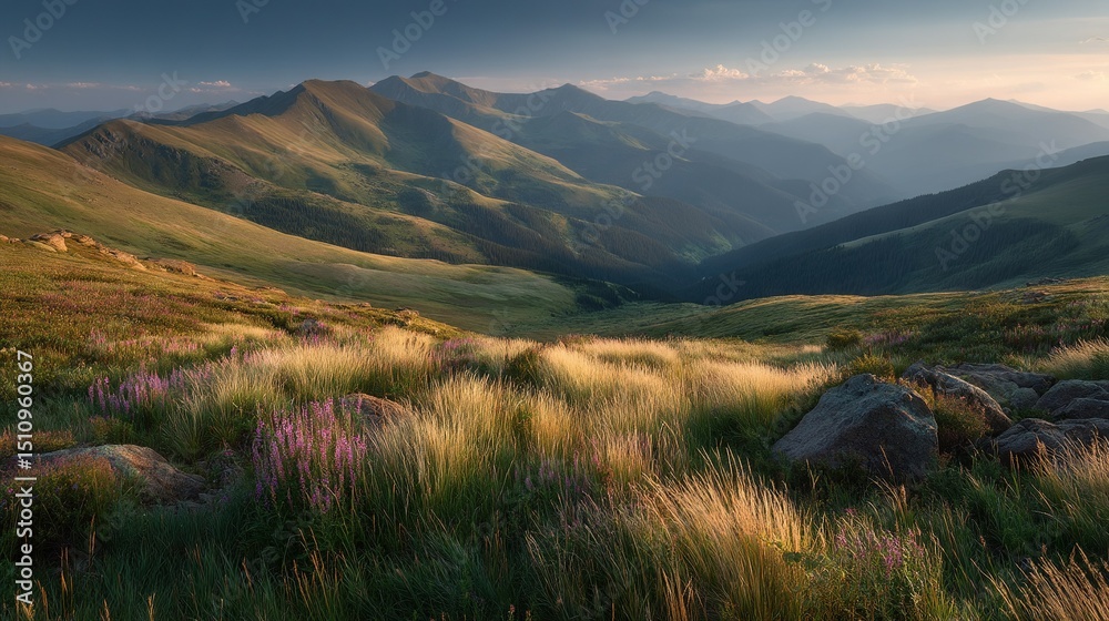 Obraz premium A field of green grass dotted with flowers and boulders in the foreground, and a majestic mountain range in the background