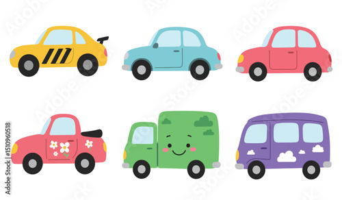 Flat cars. Cartoon vehicle side view. Taxi, minivan, mini car, suv and pickup truck. City auto transport icons. Automobile design vector set. City transportation objects isolated on white