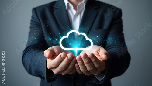 Businessman holding glowing cloud computing icon