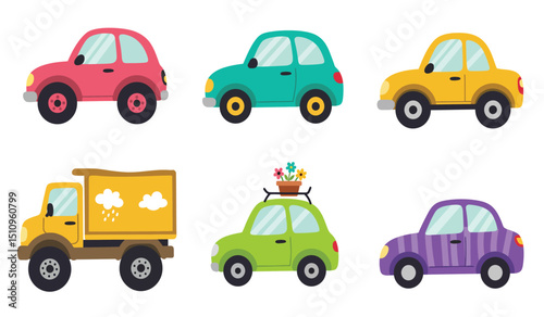 Flat cars. Cartoon vehicle side view. Taxi, minivan, mini car, suv and pickup truck. City auto transport icons. Automobile design vector set. City transportation objects isolated on white