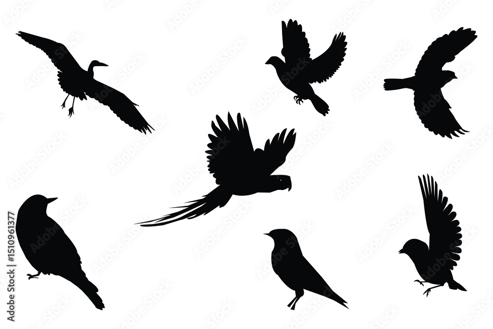 Fototapeta premium A black and white bird illustration. Birds silhouettes black vector