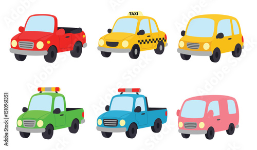 Flat cars. Cartoon vehicle side view. Taxi, minivan, mini car, suv and pickup truck. City auto transport icons. Automobile design vector set. City transportation objects isolated on white