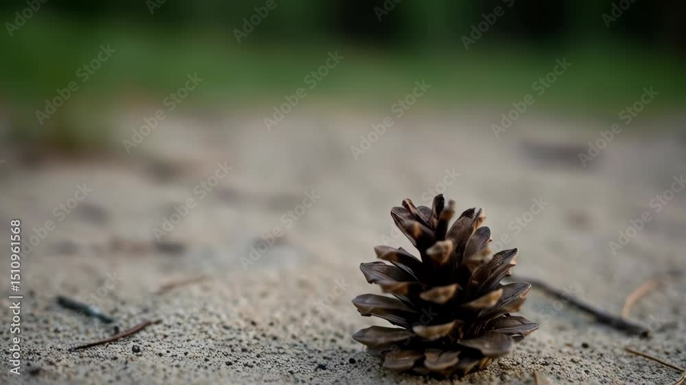 A single pine cone rests on sandy ground, surrounded by pine needles.  The background is softly blurred greenery