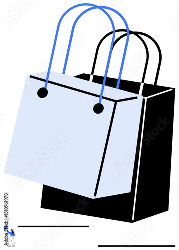 Two modern shopping bags in contrasting light and dark tones with vibrant blue handles evoke concepts of retail, ecommerce, shopping, sales, fashion, sustainability, and gifting. Ideal for retail