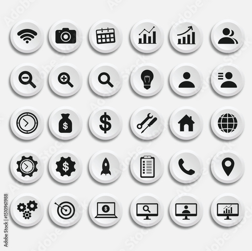 Collection of Business and Technology Icons on White Round Buttons with Shadows Representing Various Concepts and Tools for Modern Business victor illustration
