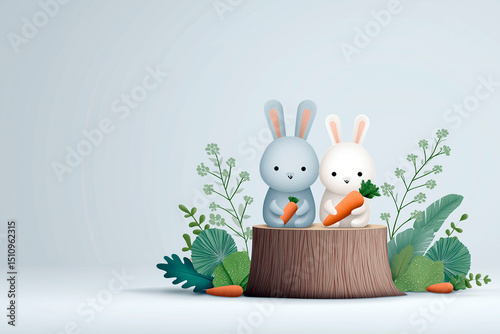 Two cute cartoon bunnies holding carrots sitting on a tree stump surrounded by leaves and plants, minimal pastel background with spring woodland vibes