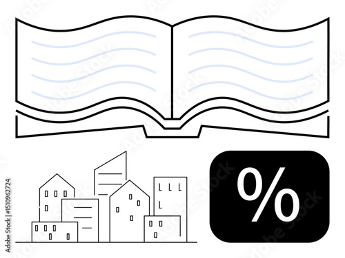 Open book with lines, simple city buildings, percentage block. Ideal for education, urban planning, real estate, financial literacy, economics statistics public policies. Flat simple metaphor