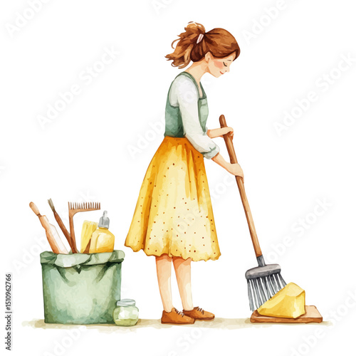 watercolor vector of Household Chores, high quality, isolated on a white background.