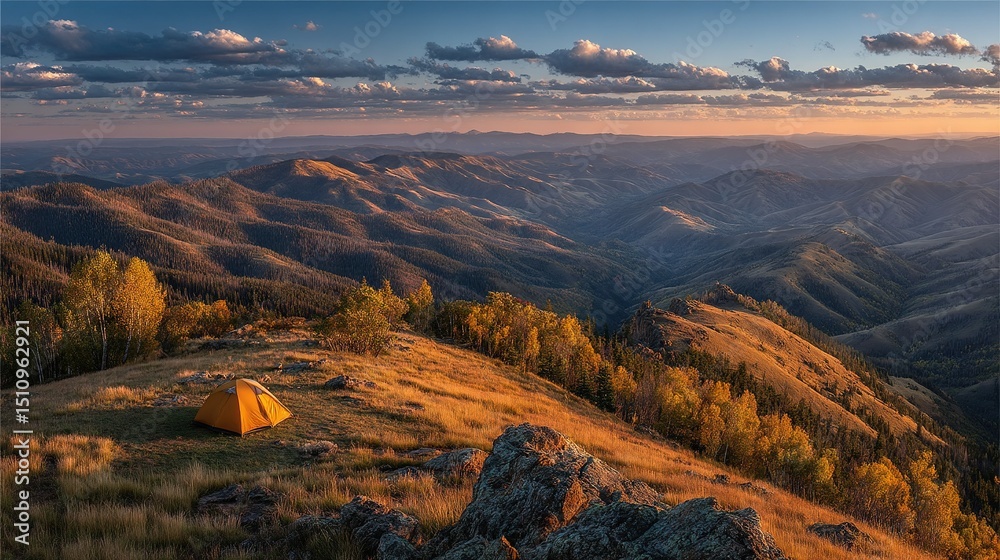 Fototapeta premium A tent perched atop a mount, offering panoramic views of valleys and distant peaks during twilight
