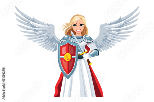 Cute woman Angel's with open wings, shield and sword, Valkyrie, Illustration of a winged female angel figure with flowing hair and sword