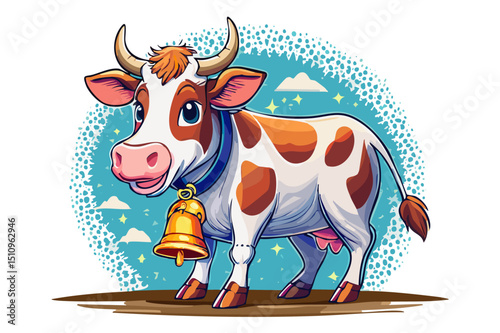 Farm, cow with horns a golden belln watching you curiously - cartoon illustration, Farming cattle animal, sketch for milk diary and beef products