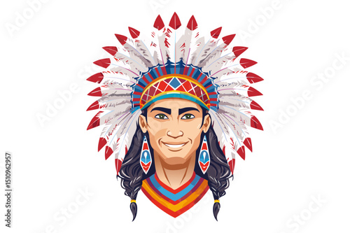 Portrait of a Native American Chief, adorned with a majestic feathered headdress, Indian tribal Warrior Leader