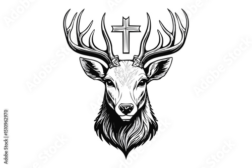 Majestic Red Deer Buck and the cross of St. Hubert , portrait of deer, great adult noble red deer with big beautiful horns and cross (Cervus elaphus)