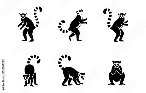 Six Lemur Silhouettes in Different Poses on White Background 