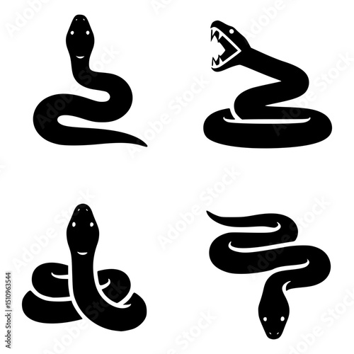 Illustrative collection of various stylized snakes. The image features black snakes on a plain background, showcasing different poses and expressions