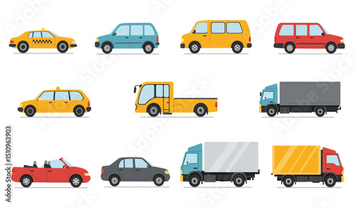 Flat cars. Cartoon vehicle side view. Taxi, minivan, mini car, suv and pickup truck. City auto transport icons. Automobile design vector set. City transportation objects isolated on white