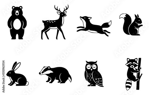 Collection of diverse forest animal icons. A simple outline with varying shapes. Each depicts a different animal