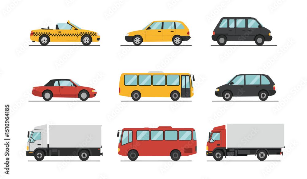 Fototapeta premium Flat cars. Cartoon vehicle side view. Taxi, minivan, mini car, suv and pickup truck. City auto transport icons. Automobile design vector set. City transportation objects isolated on white