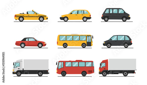 Flat cars. Cartoon vehicle side view. Taxi, minivan, mini car, suv and pickup truck. City auto transport icons. Automobile design vector set. City transportation objects isolated on white