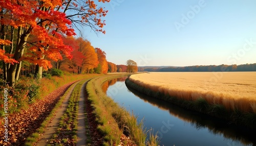 Autumn Landscape River Path with Colorful Trees and Golden Field in Natural Light