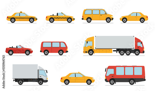 Flat cars. Cartoon vehicle side view. Taxi, minivan, mini car, suv and pickup truck. City auto transport icons. Automobile design vector set. City transportation objects isolated on white