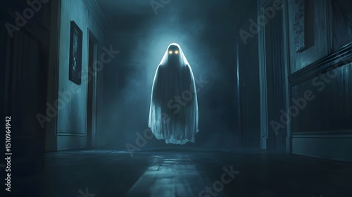 Glowing ghostly figure floating in a dark spooky hallway