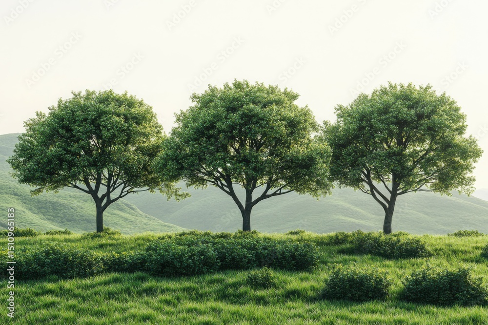 Fototapeta premium Three trees are standing in a grassy field