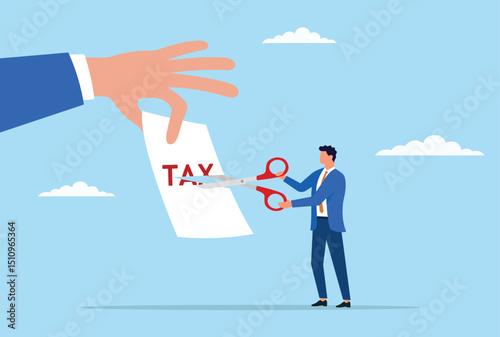 Vector illustration of a businessman holding scissors and cutting a tax document, symbolizing tax reduction, financial relief, and corporate efforts to reduce financial burdens
